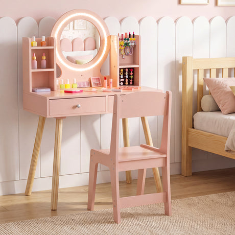 Kids Vanity Set with Lights, Princess Vanity Desk Set with LED Lighted Mirror