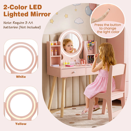 Kids Vanity Set with Lights, Princess Vanity Desk Set with LED Lighted Mirror