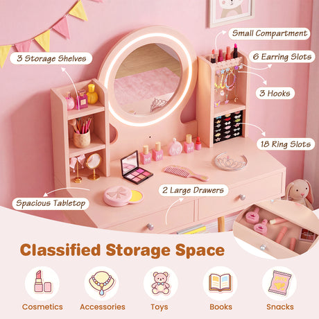Kids Vanity Set with Lights, Princess Vanity Desk Set with LED Lighted Mirror