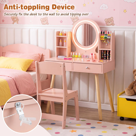 Kids Vanity Set with Lights, Princess Vanity Desk Set with LED Lighted Mirror