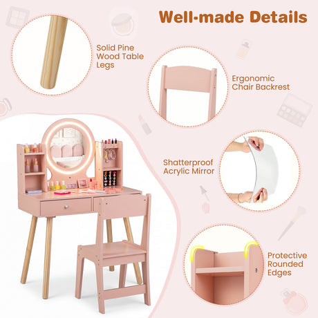 Kids Vanity Set with Lights, Princess Vanity Desk Set with LED Lighted Mirror