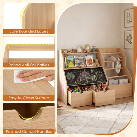 Toy Storage Organizer, Kids Bookshelf with Flip-up Blackboard, Open Shelves