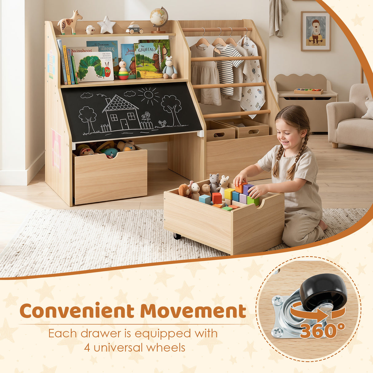 Toy Storage Organizer, Kids Bookshelf with Flip-up Blackboard, Open Shelves