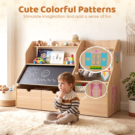 Toy Storage Organizer, Kids Bookshelf with Flip-up Blackboard, Open Shelves