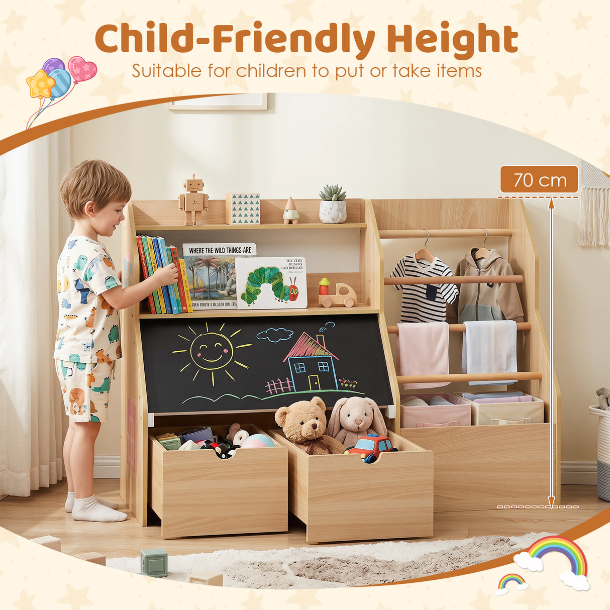 Toy Storage Organizer, Kids Bookshelf with Flip-up Blackboard, Open Shelves