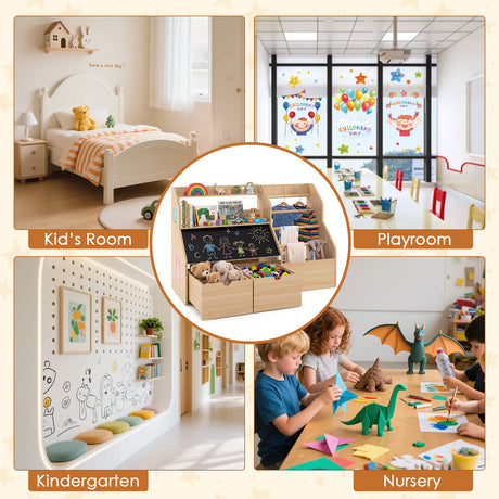 Toy Storage Organizer, Kids Bookshelf with Flip-up Blackboard, Open Shelves