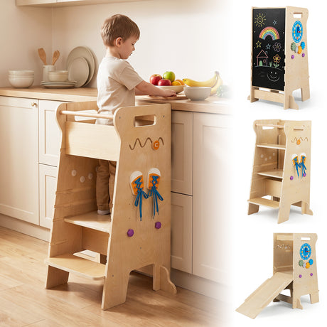 4-in-1 Toddler Tower with Chalkboard Slide Montessori Games