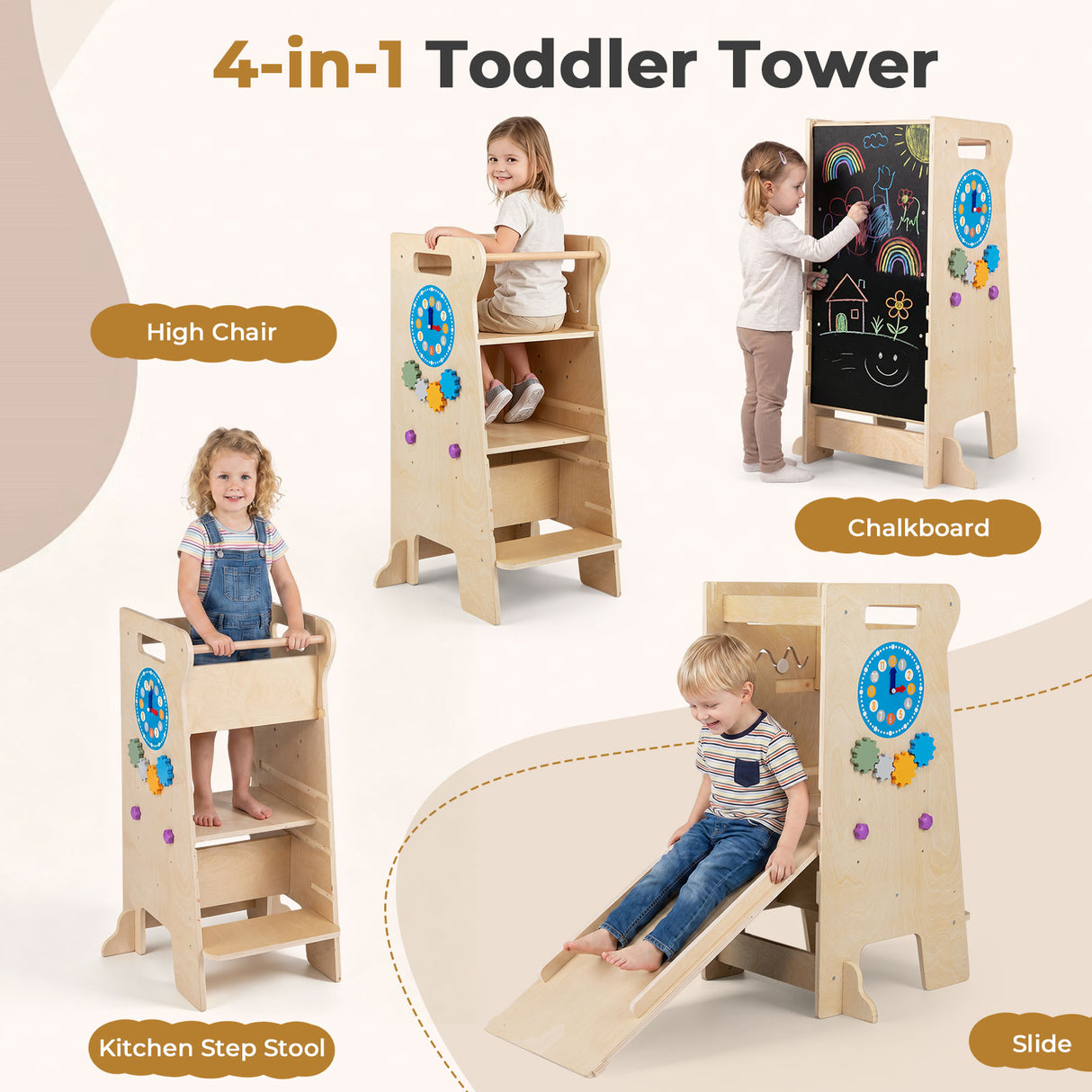 4-in-1 Toddler Tower with Chalkboard Slide Montessori Games