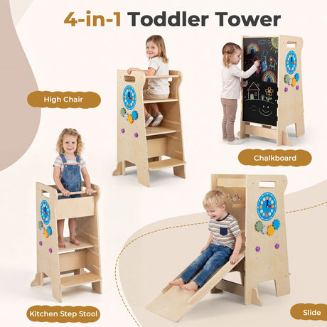 4-in-1 Toddler Tower with Chalkboard Slide Montessori Games
