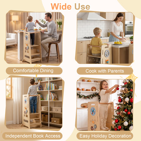 Wooden Toddler Kitchen Stool Helper, Kids Kitchen Step Stool, Anti-Tip Montessori Tower, Gift for Kids 3+