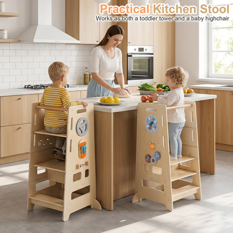 Wooden Toddler Kitchen Stool Helper, Kids Kitchen Step Stool, Anti-Tip Montessori Tower, Gift for Kids 3+