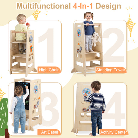Wooden Toddler Kitchen Stool Helper, Kids Kitchen Step Stool, Anti-Tip Montessori Tower, Gift for Kids 3+