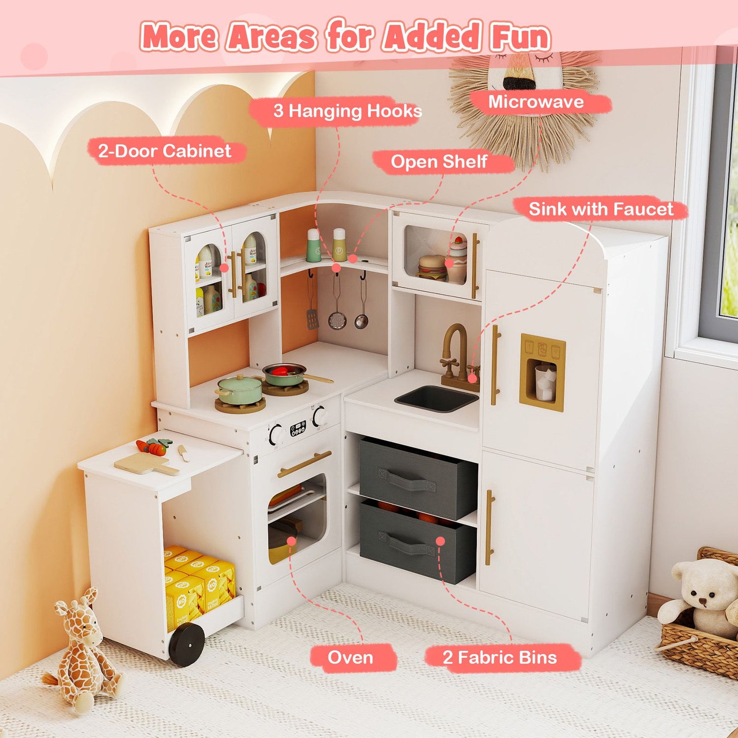 Interactive Wooden Playset with Retractable Countertop for Ages 3+