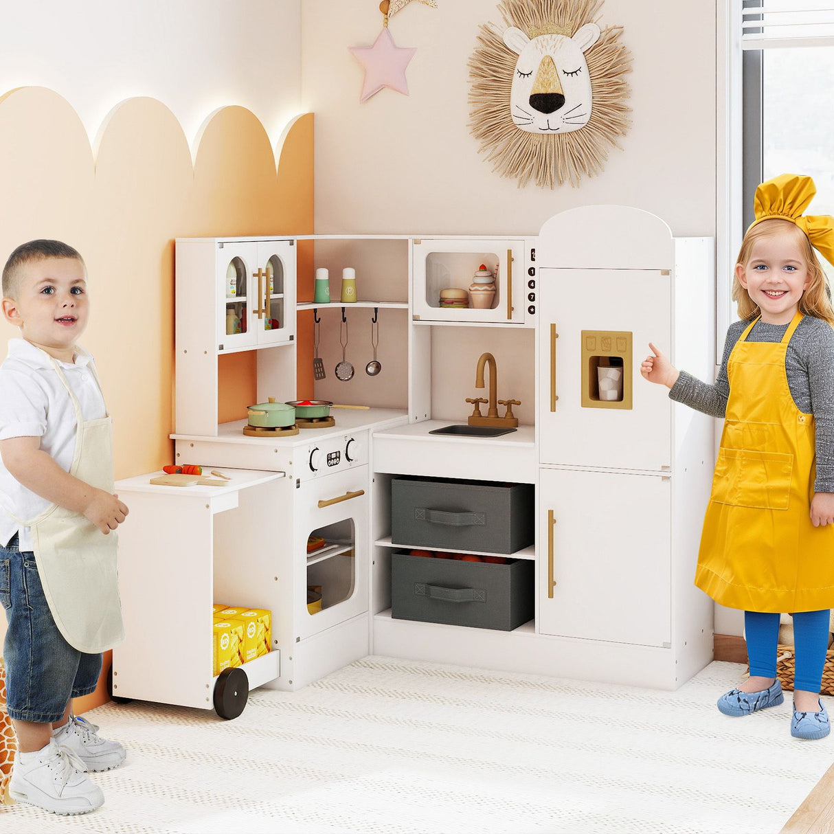 Interactive Wooden Playset with Retractable Countertop for Ages 3+