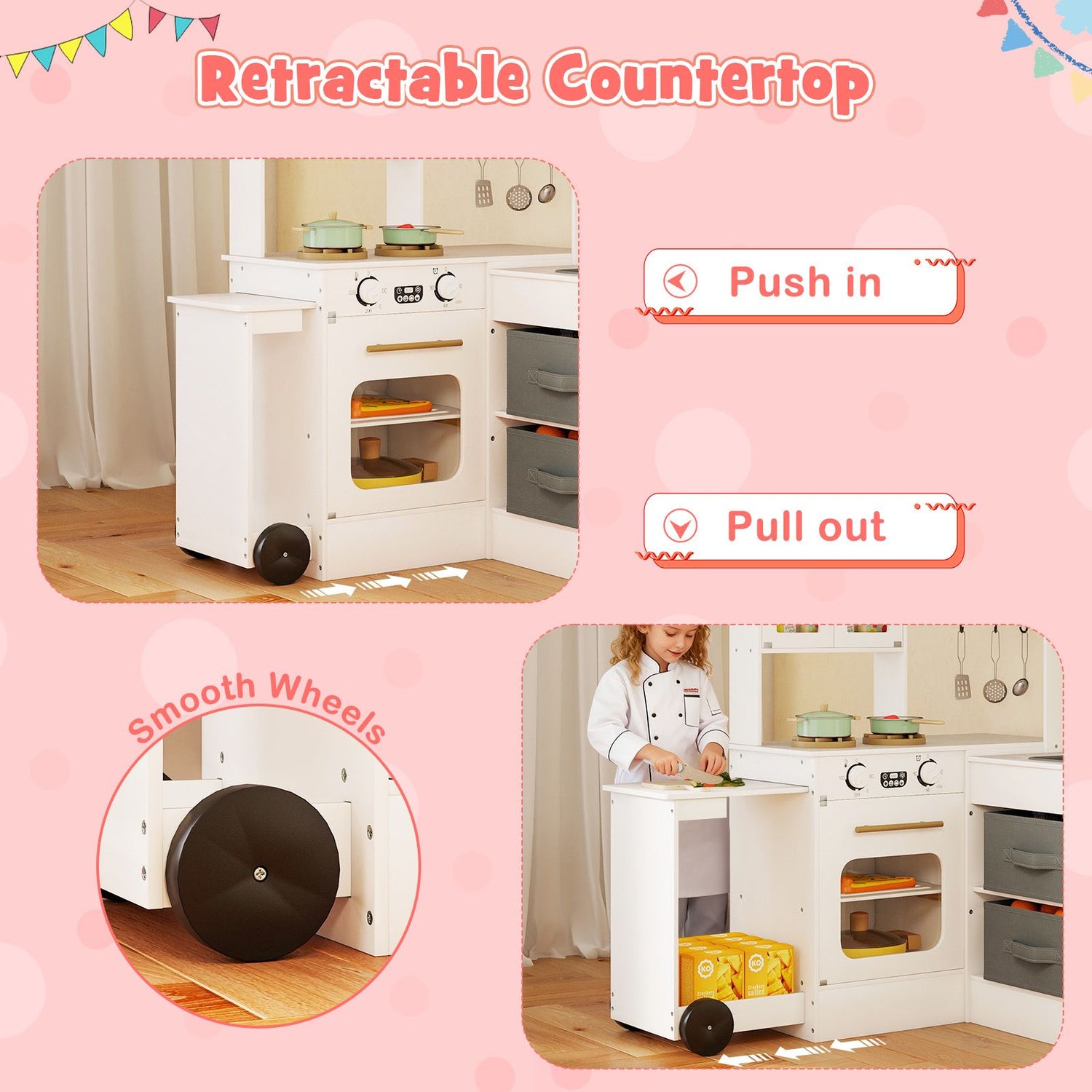 Interactive Wooden Playset with Retractable Countertop for Ages 3+