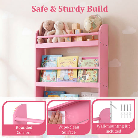 HONEY JOY Kids Bookshelf, 4-Tier Wall Mounted Bookshelf for Toys & Books