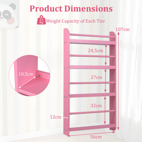 HONEY JOY Kids Bookshelf, 4-Tier Wall Mounted Bookshelf for Toys & Books