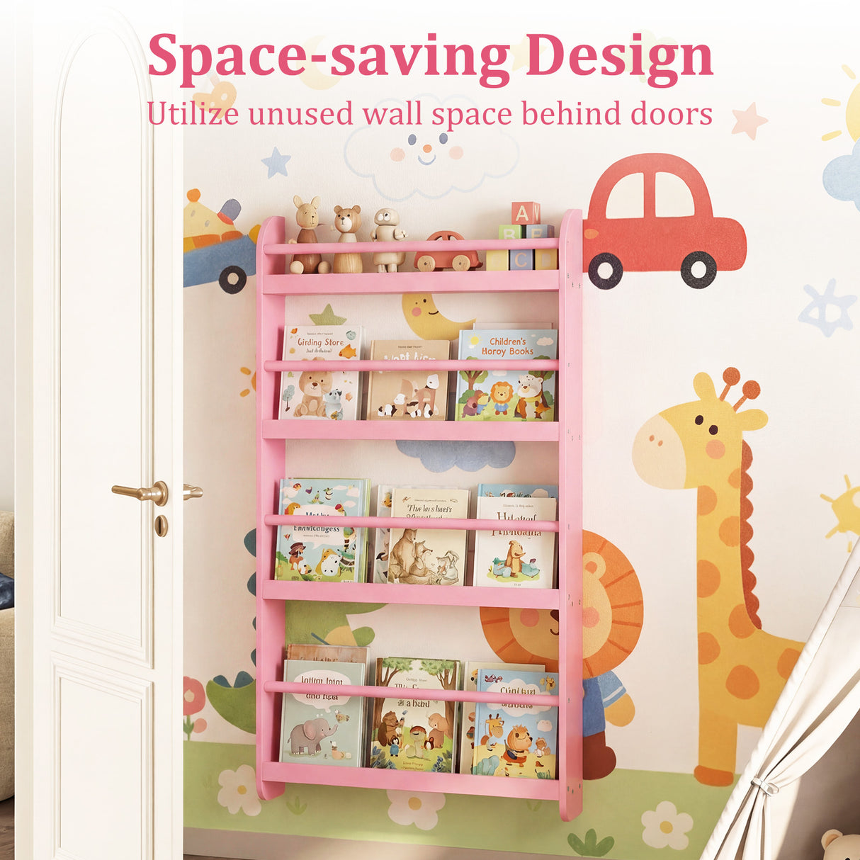 HONEY JOY Kids Bookshelf, 4-Tier Wall Mounted Bookshelf for Toys & Books