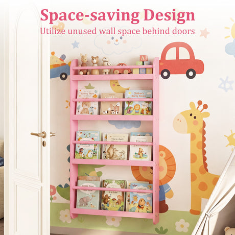 HONEY JOY Kids Bookshelf, 4-Tier Wall Mounted Bookshelf for Toys & Books