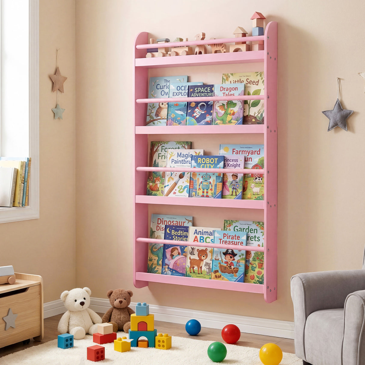 HONEY JOY Kids Bookshelf, 4-Tier Wall Mounted Bookshelf for Toys & Books