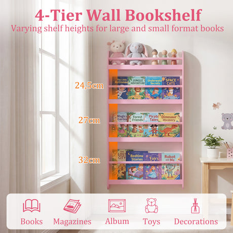 HONEY JOY Kids Bookshelf, 4-Tier Wall Mounted Bookshelf for Toys & Books