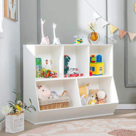 5-Cubby Kids Toy Storage Organizer, Wooden Children Bookcase Bookshelf