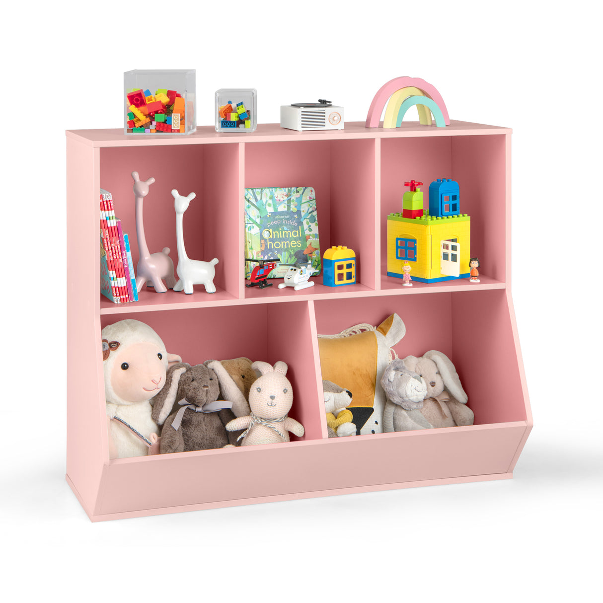 5-Cubby Kids Toy Storage Organizer, Wooden Children Bookcase Bookshelf