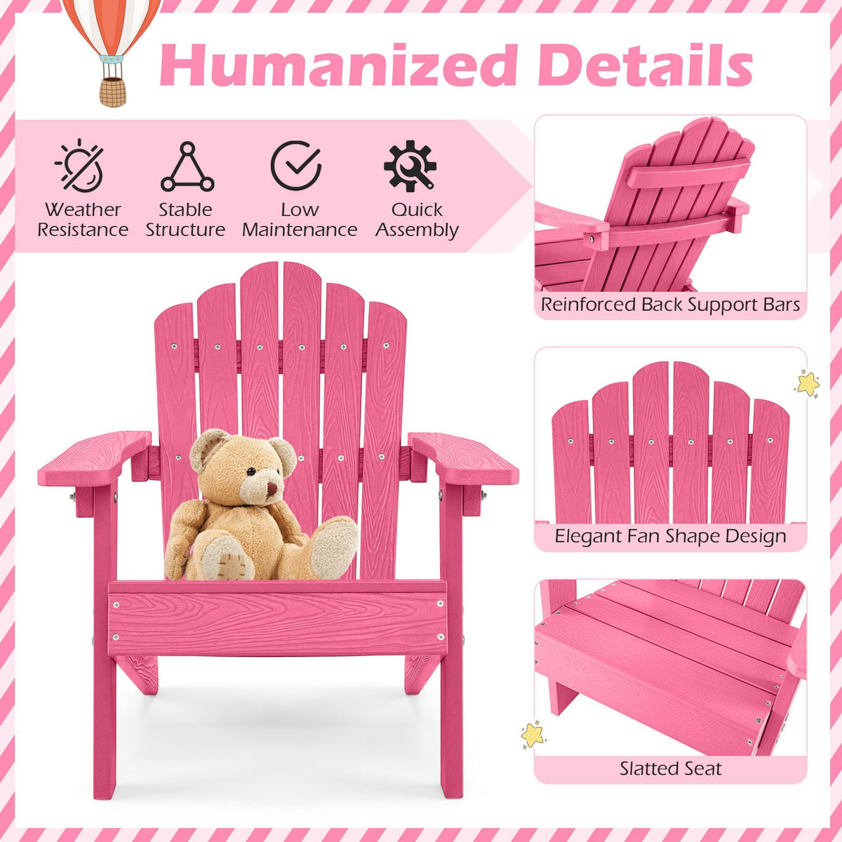 Kids Adirondack Chair with Tilted Backrest and Wide Armrests for Ages 3-7