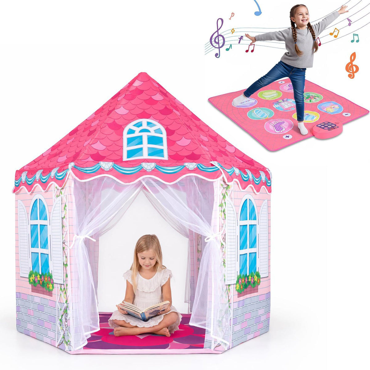 Kids Dance Mat and Princess Playhouse Set with 3 Game Modes and LED Lights for Girls Ages 3+
