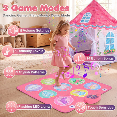 Kids Dance Mat and Princess Playhouse Set with 3 Game Modes and LED Lights for Girls Ages 3+