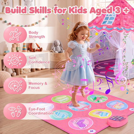 Kids Dance Mat and Princess Playhouse Set with 3 Game Modes and LED Lights for Girls Ages 3+