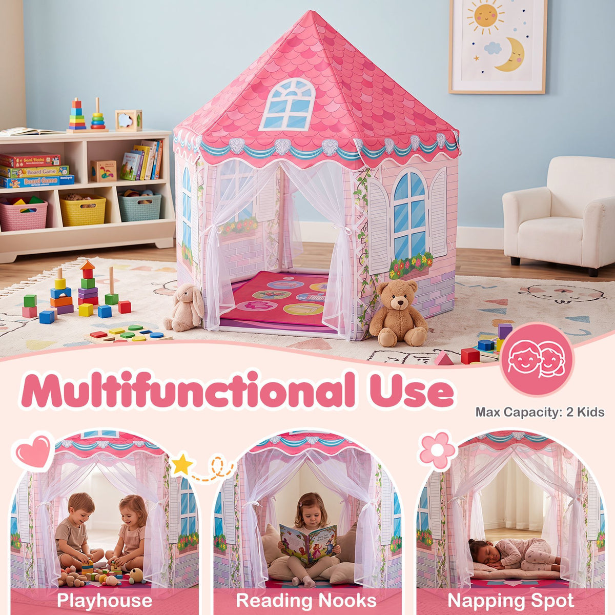 Kids Dance Mat and Princess Playhouse Set with 3 Game Modes and LED Lights for Girls Ages 3+