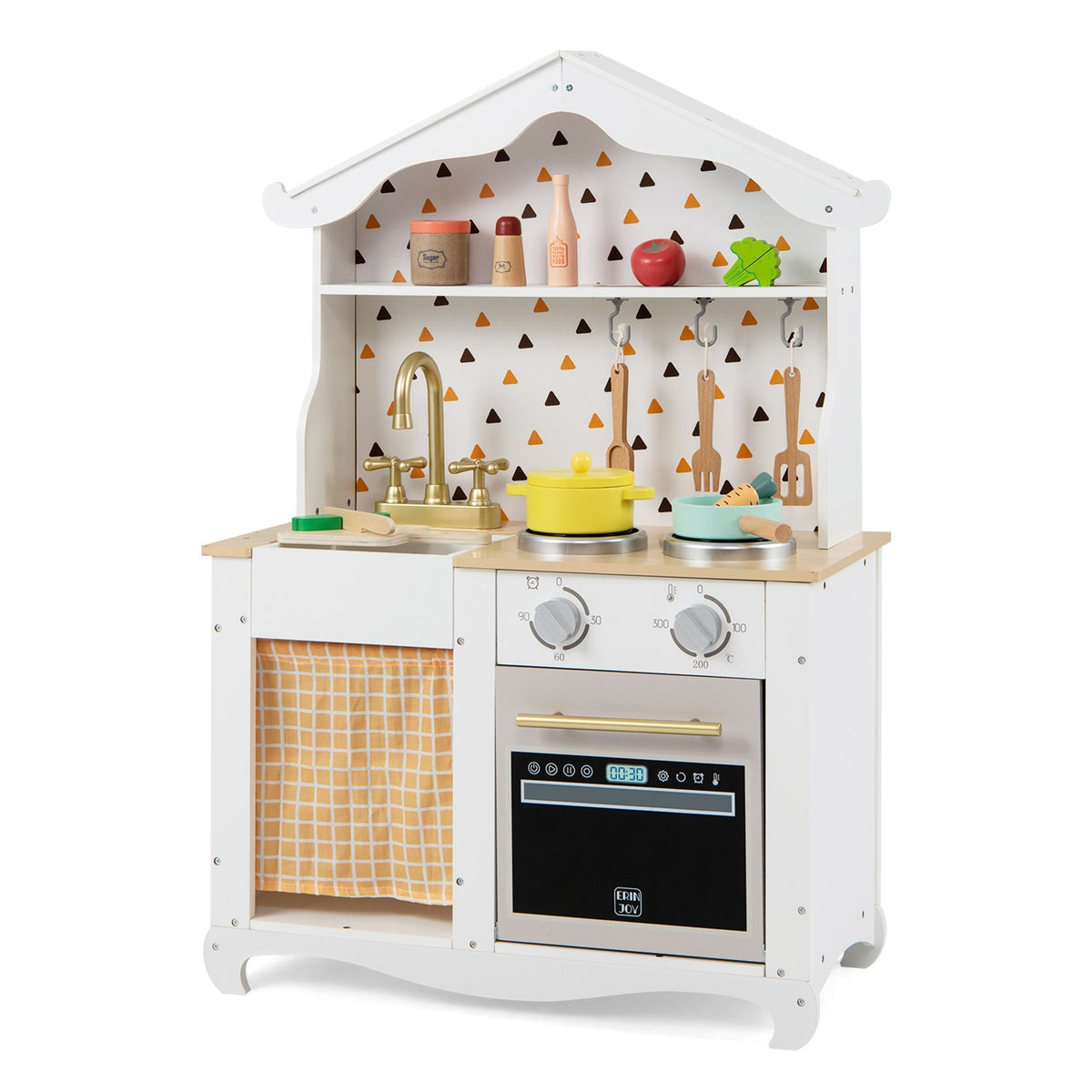 Kids Play Kitchen with Rich Accessories and Storage Rotatable Knobs and Curtained Cabinet for Toddlers 3+