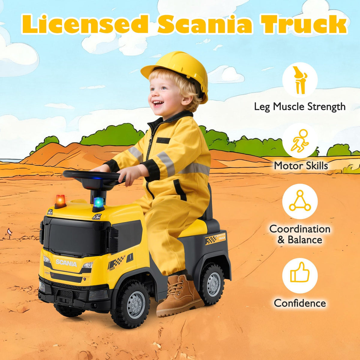 Kids Ride On Push Car with Steering Wheel Lights Sirens Horn and Music for 18 Months+