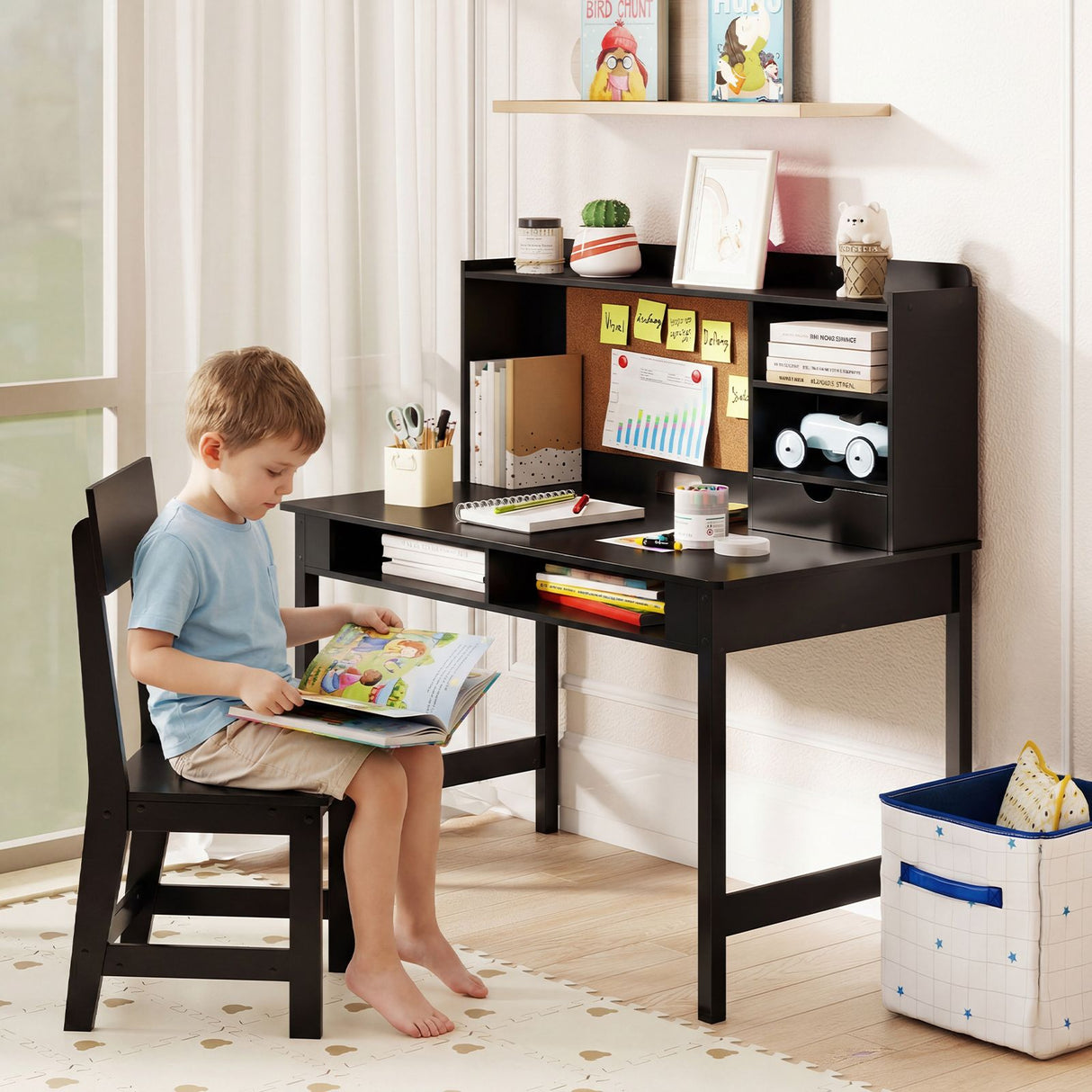 Kids Study Desk and Chair Set Wooden Writing Table with Cork Board and Drawer