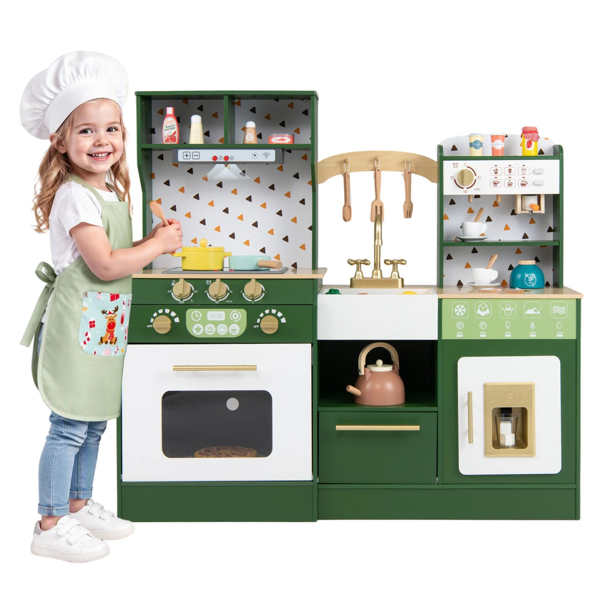 Kids Wooden Play Kitchen with Sound and Light Effect Range Hood Coffee Station