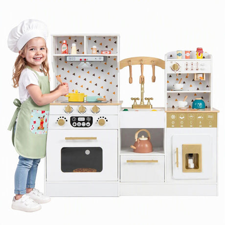 Kids Wooden Play Kitchen with Sound and Light Effect Range Hood Coffee Station