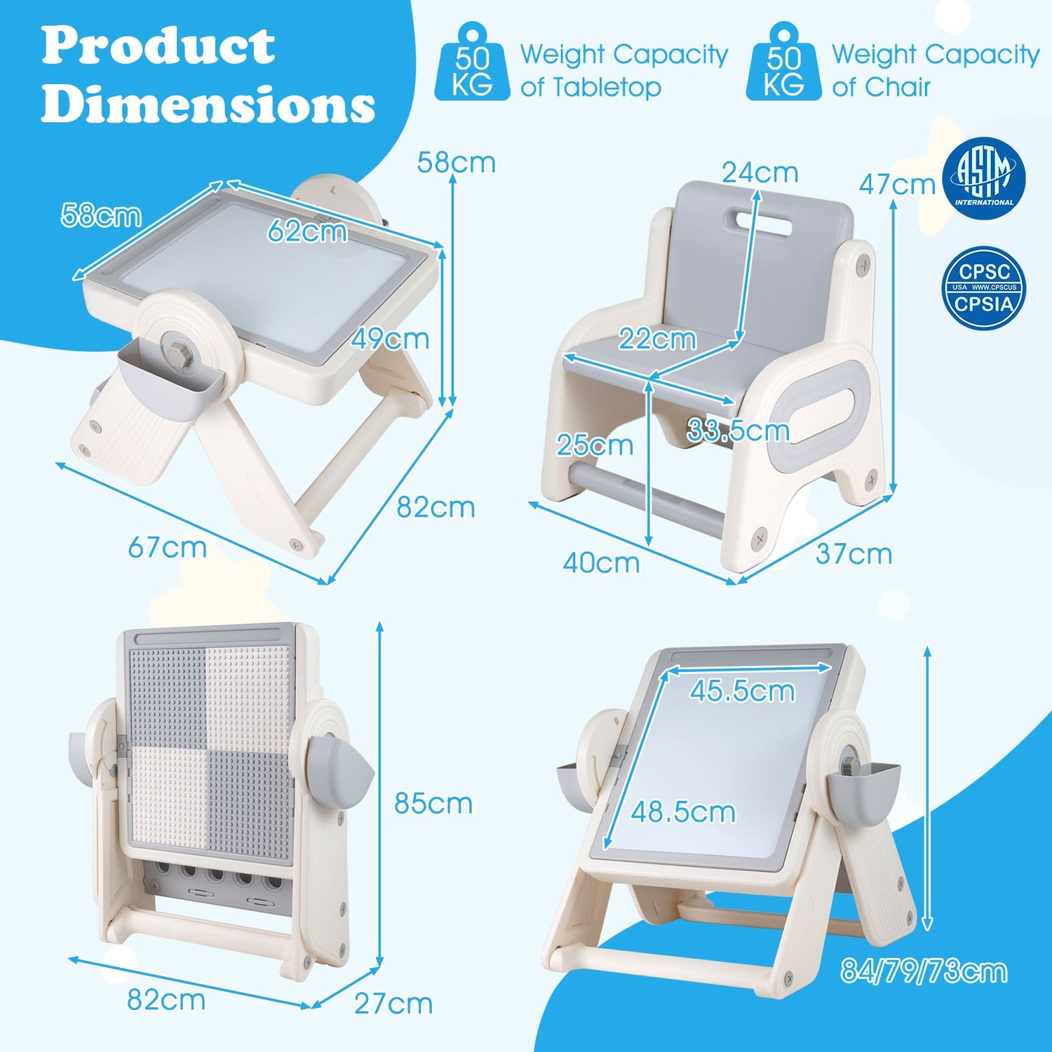 9-in-1 Kids Activity Table and Chair Set with 3 Heights and Book Rack