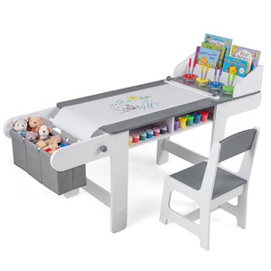 Kids Art Table and Chair Set with Paper Roll and 4 Paint Cups