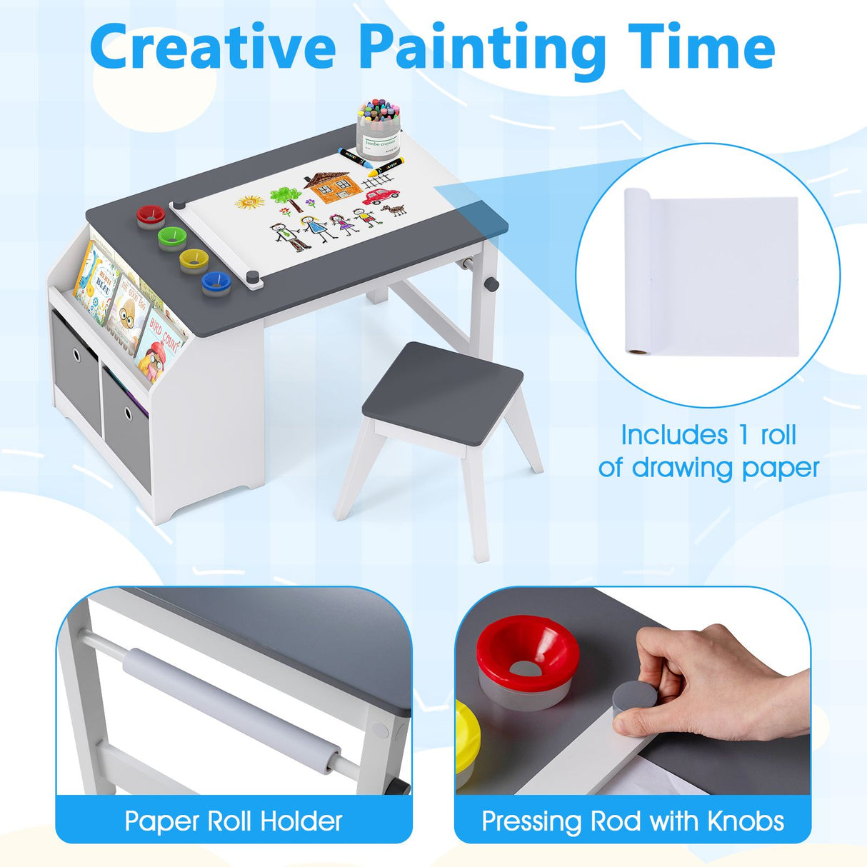 Kids Art Table with Stool Wooden Activity Table with Paper Roll and Storage