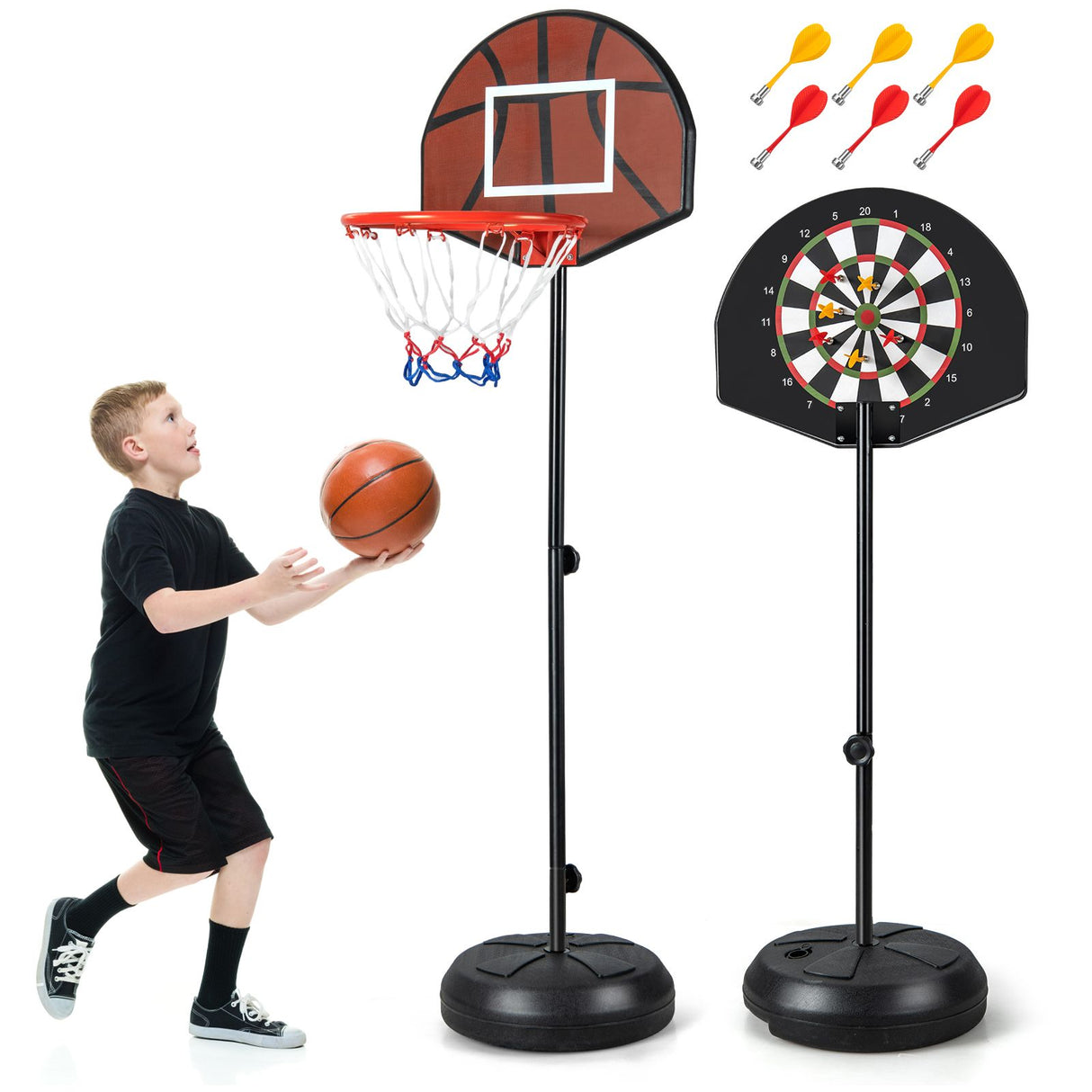 Kids Basketball Hoop with Dart Board and Double-sided Backboard