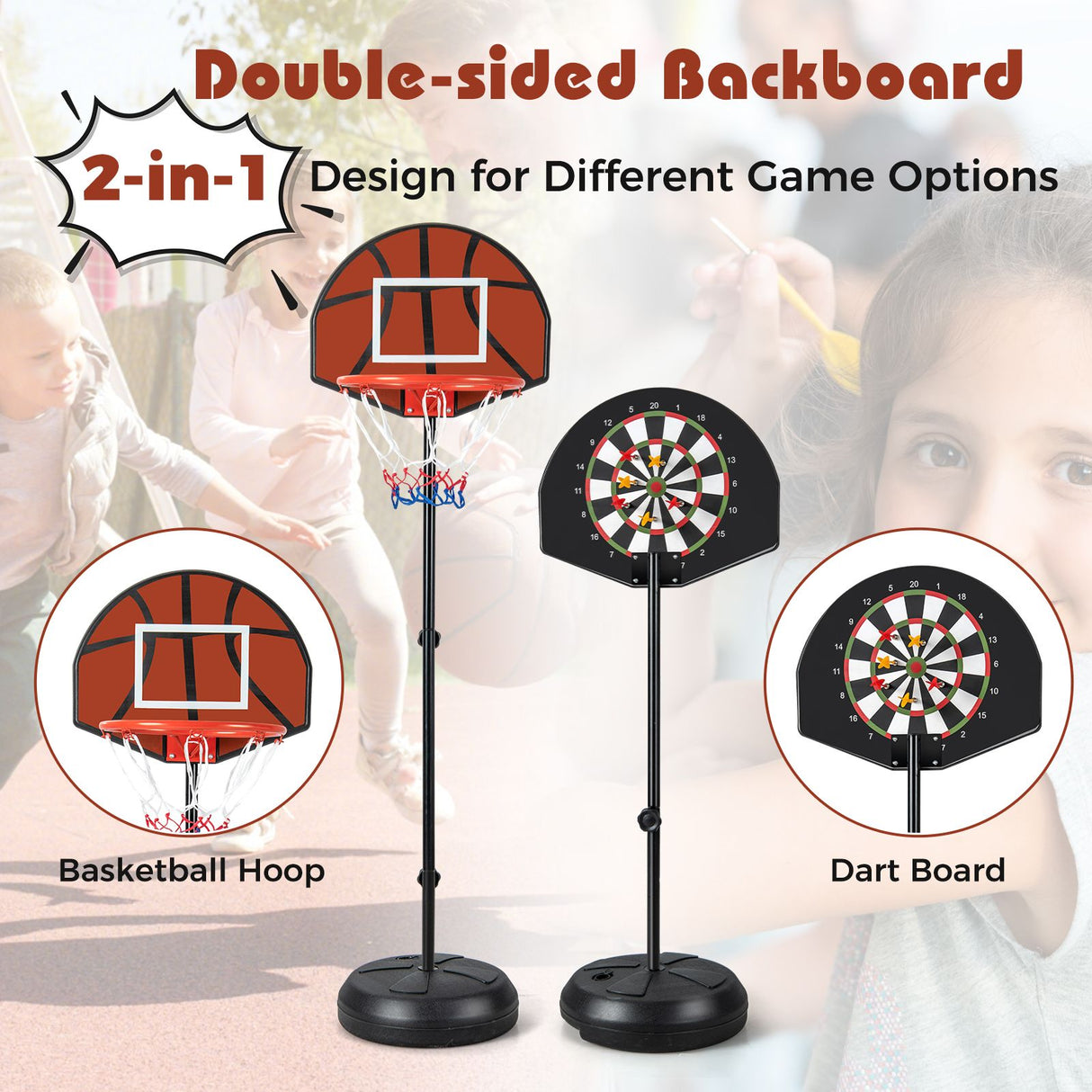 Kids Basketball Hoop with Dart Board and Double-sided Backboard