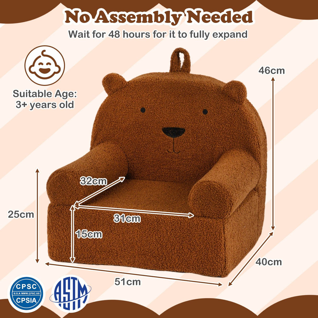 Kids Bear Sofa with Soft Fleece Fabric Cover for Playroom