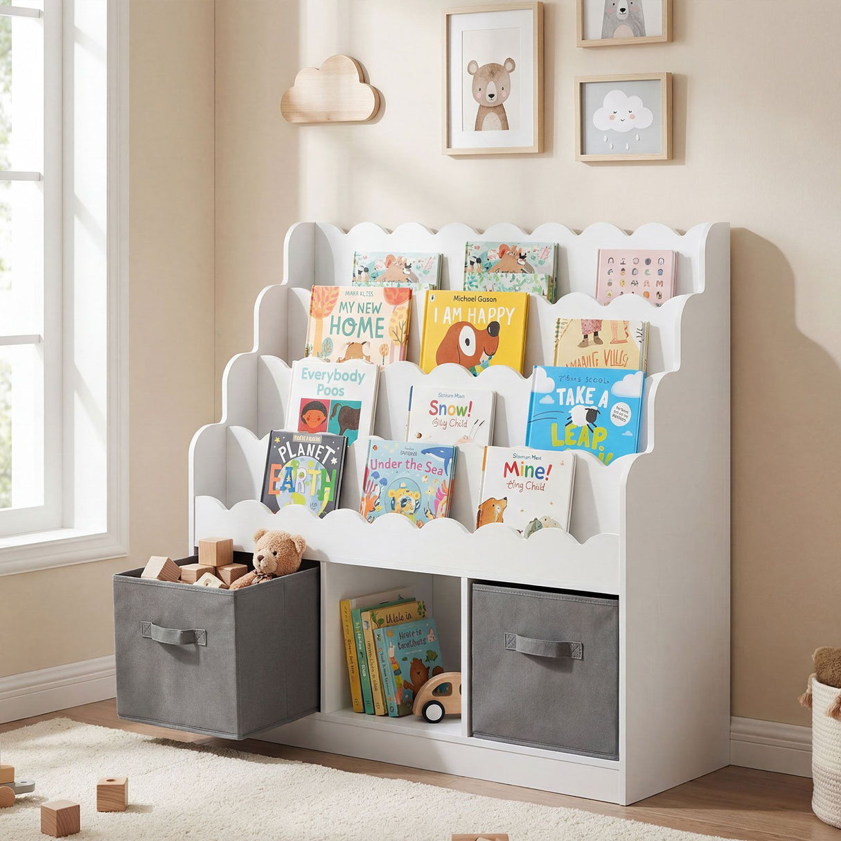 Kids Bookshelf and Toy Storage 4-Tier Toddler Bookcase with 2 Foldable Fabric Drawers