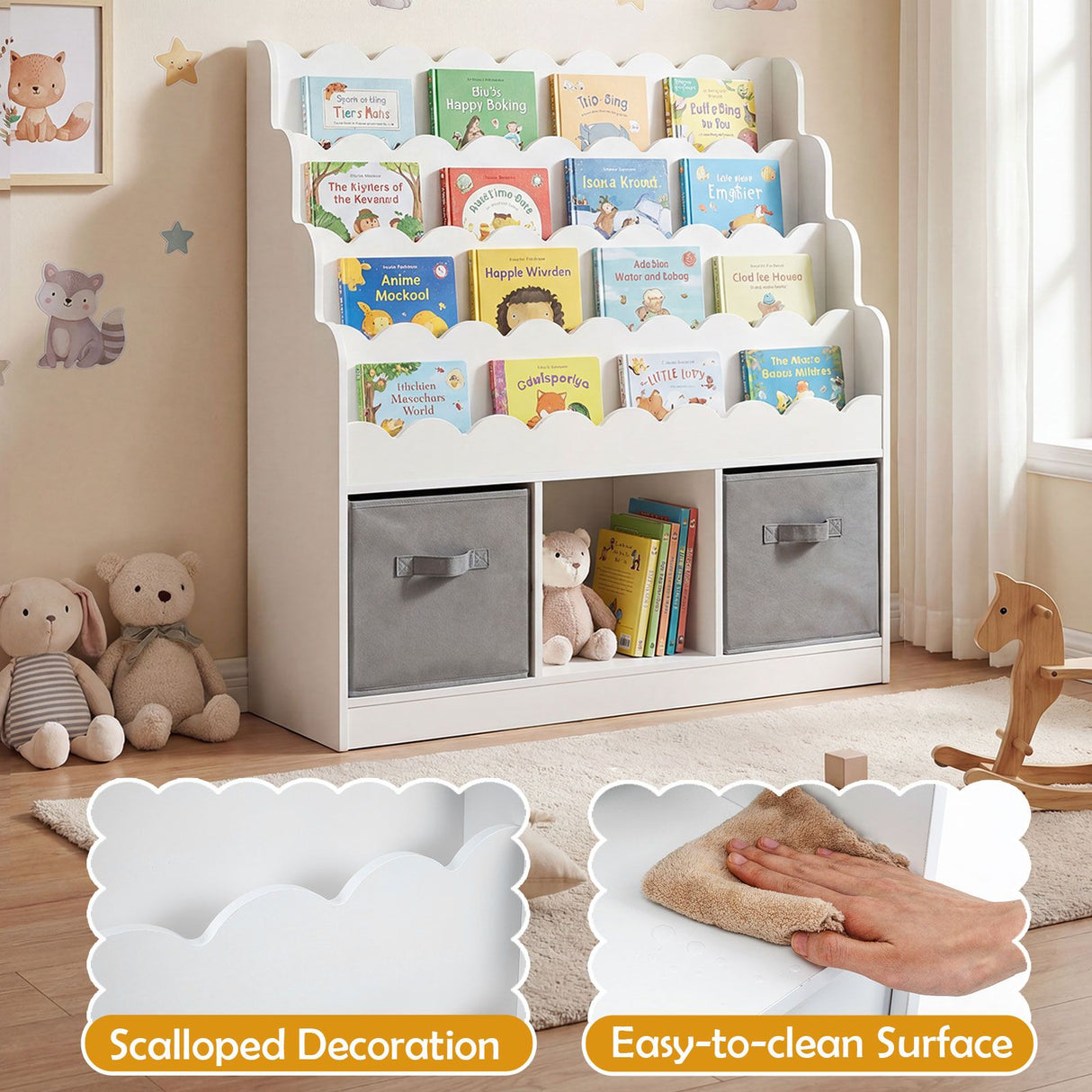 Kids Bookshelf and Toy Storage 4-Tier Toddler Bookcase with 2 Foldable Fabric Drawers