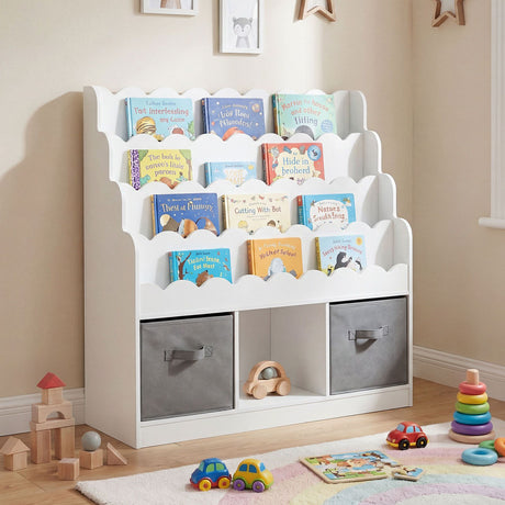Kids Bookshelf and Toy Storage 4-Tier Toddler Bookcase with 2 Foldable Fabric Drawers