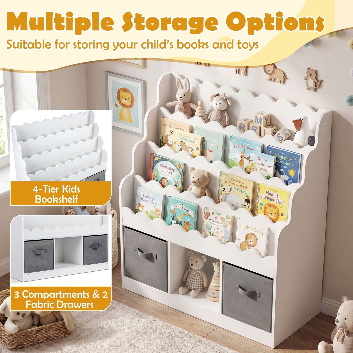 Kids Bookshelf and Toy Storage 4-Tier Toddler Bookcase with 2 Foldable Fabric Drawers