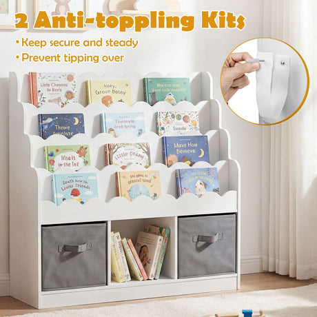 Kids Bookshelf and Toy Storage 4-Tier Toddler Bookcase with 2 Foldable Fabric Drawers