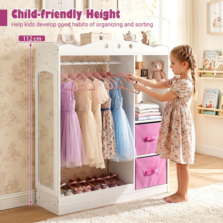 Kids Dress Up Storage Shelf with Mirror and Hanging Rod for Toddler Clothes