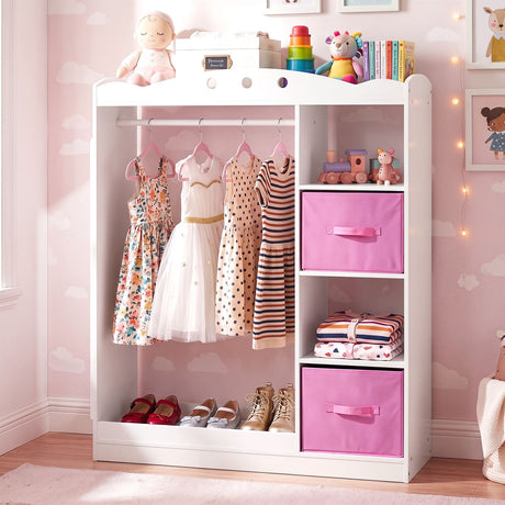 Kids Dress Up Storage Shelf with Mirror and Hanging Rod for Toddler Clothes